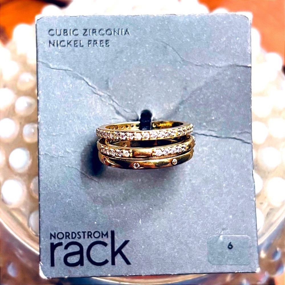 Nordstrom Rack Womens Cubic Zirconia Stackable Ring Set Gold Tone 3 Piece Size 6